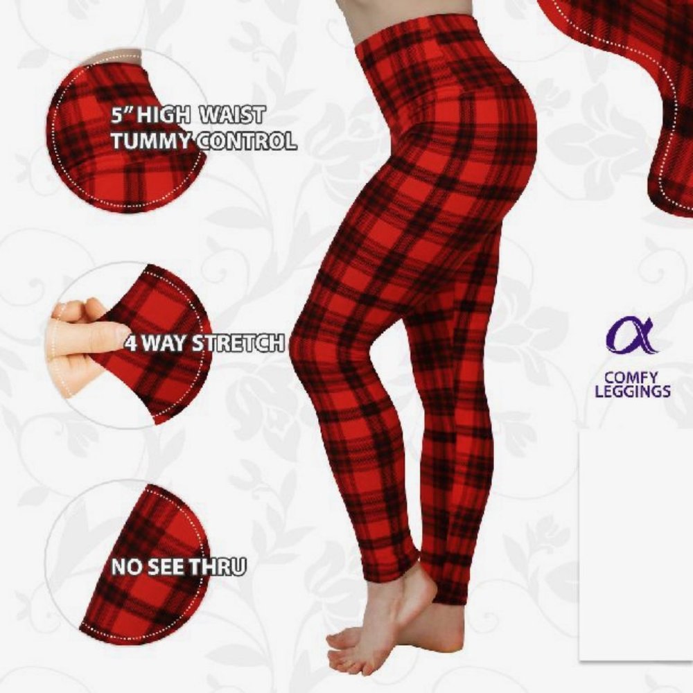 Comfy Black & Red Plaid Tummy Control Leggings